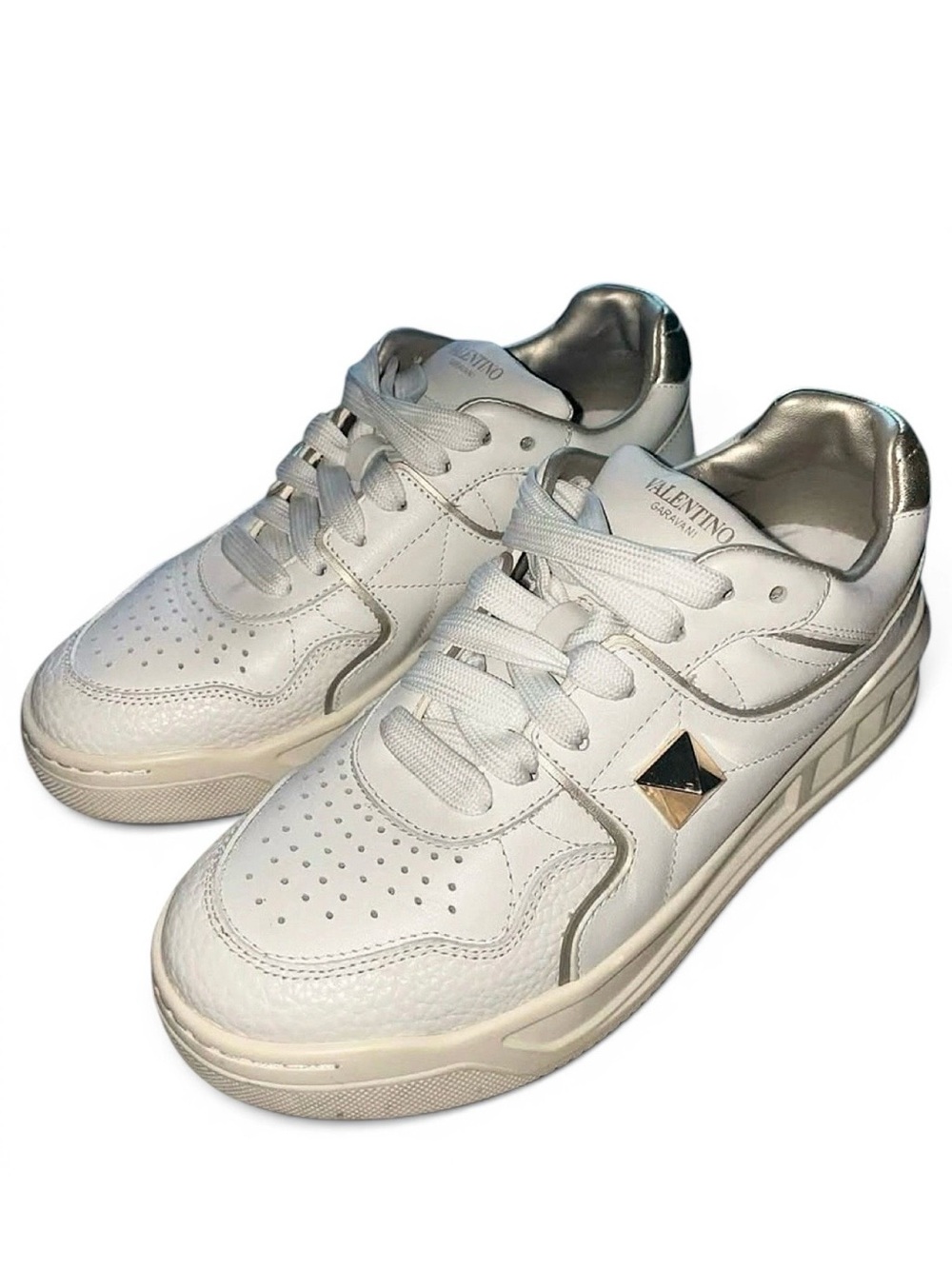 Valentino Garavani White Leather Sneakers with Gold Stud